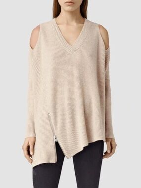 All Saints GREY Cold-Shoulder Ribbed V-Neck Sweater